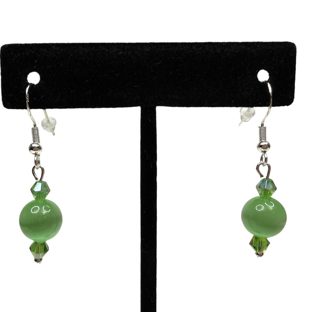 S925 Sterling Hook Green Tiger Eye Bead Dangle Earrings Swarovski Crystal Accent